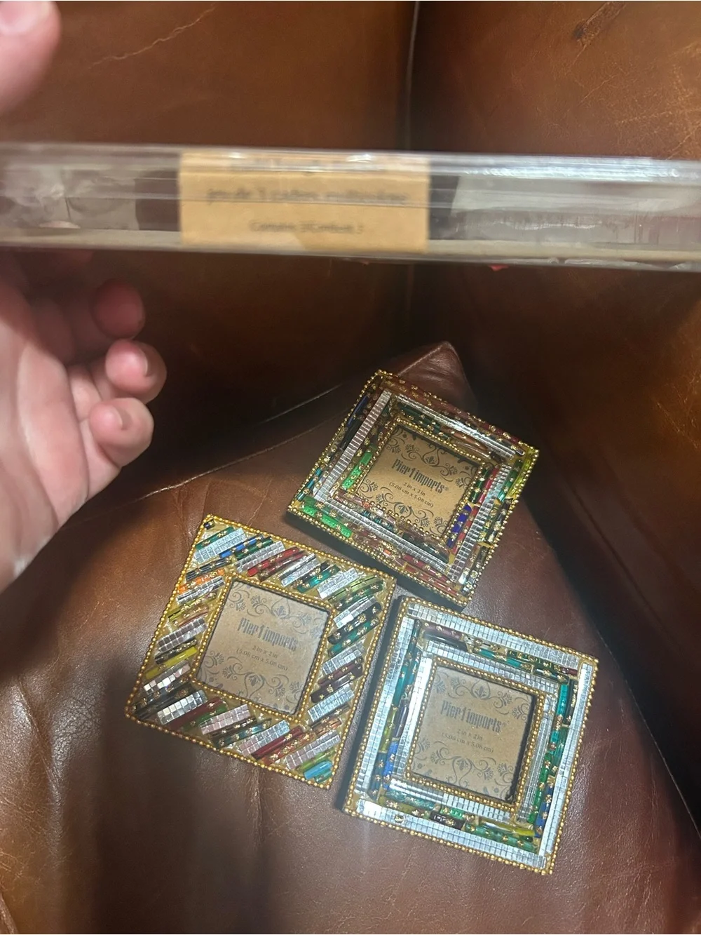 Pier 1 Multicolor Beaded Mosaic Square Photo Frames - Gold Trim (Set of 3)